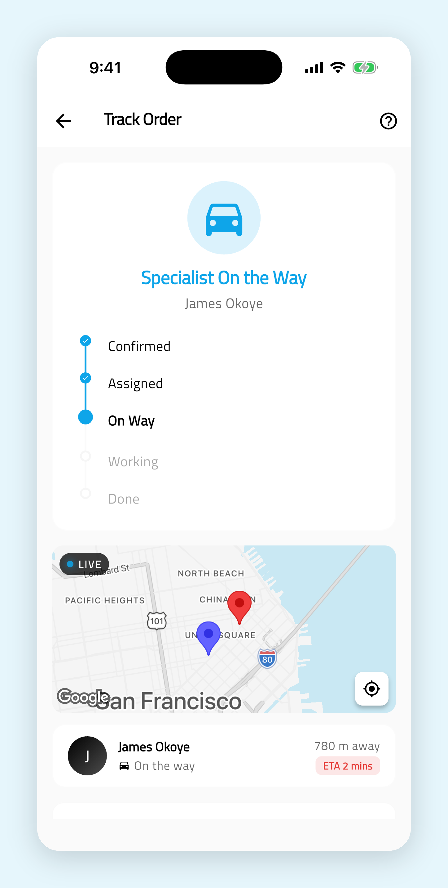 Customer app showing live driver tracking