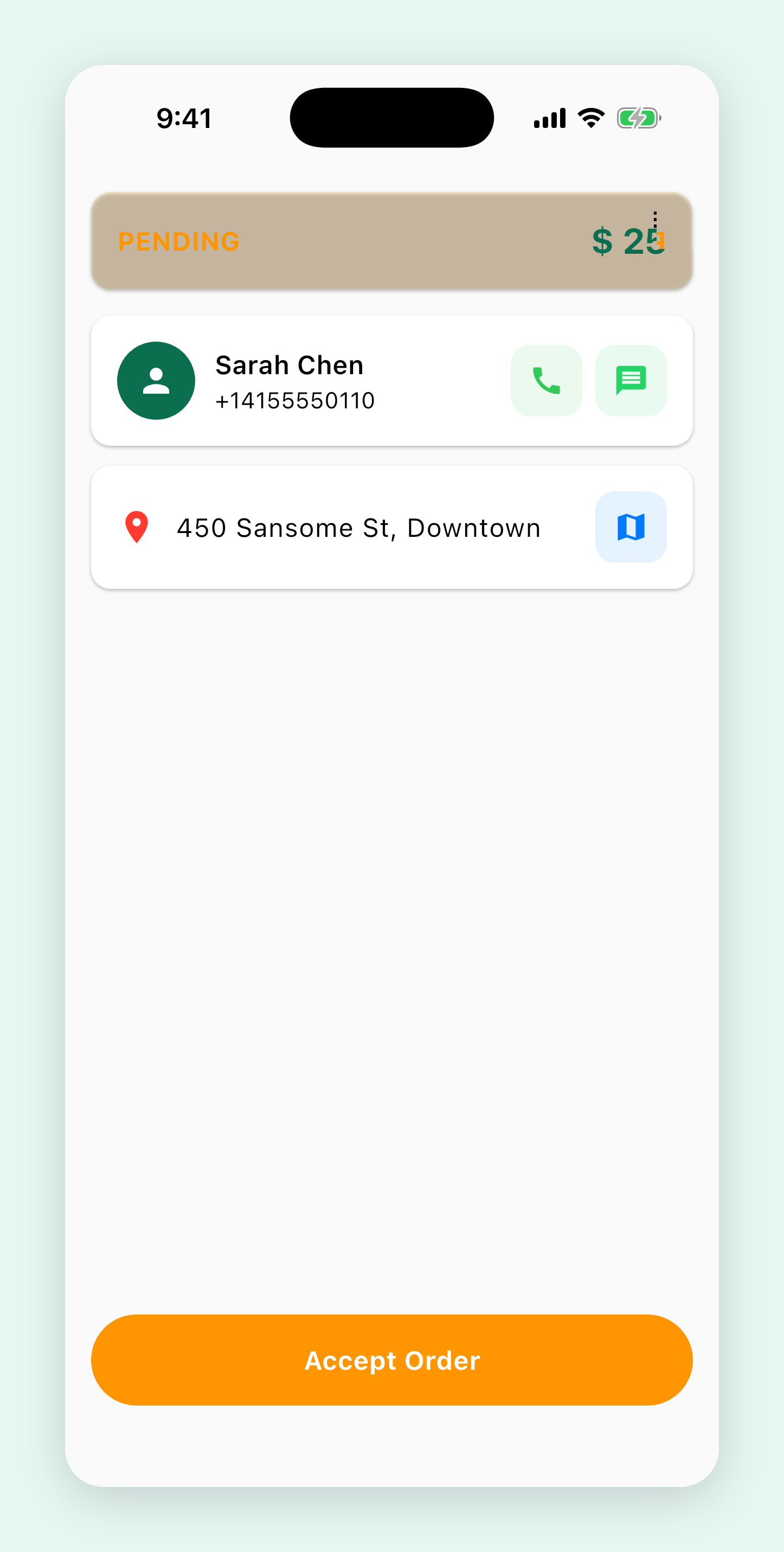 Driver app showing incoming job request